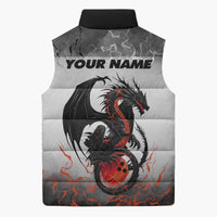 Custom Black Dragon Bowling Sleeveless Puffer Jacket with Fiery Ball and Thunderstorm Lightning Pattern - Wonder Print Shop