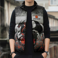 Custom Black Dragon Bowling Sleeveless Puffer Jacket with Fiery Ball and Thunderstorm Lightning Pattern - Wonder Print Shop