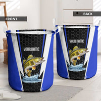Custom Walleye Fishing Laundry Basket with Jumping Fish Splash and Blue Black Hexagon Pattern - Wonder Print Shop