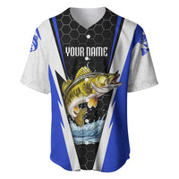 Custom Walleye Fishing Baseball Jersey with Jumping Fish Splash and Blue Black Hexagon Pattern - Wonder Print Shop