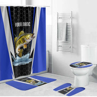 Custom Walleye Fishing Bathroom Set with Jumping Fish Splash and Blue Black Hexagon Pattern - Wonder Print Shop