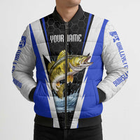 Custom Walleye Fishing Bomber Puffer Jacket with Jumping Fish Splash and Blue Black Hexagon Pattern - Wonder Print Shop