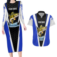 Custom Walleye Fishing Couples Matching Long Sleeve Bodycon Dress and Hawaiian Shirt with Jumping Fish Splash and Blue Black Hexagon Pattern - Wonder Print Shop
