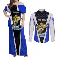 Custom Walleye Fishing Couples Matching Off Shoulder Maxi Dress and Long Sleeve Button Shirt with Jumping Fish Splash and Blue Black Hexagon Pattern - Wonder Print Shop