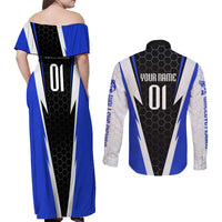 Custom Walleye Fishing Couples Matching Off Shoulder Maxi Dress and Long Sleeve Button Shirt with Jumping Fish Splash and Blue Black Hexagon Pattern - Wonder Print Shop