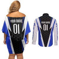 Custom Walleye Fishing Couples Matching Off Shoulder Short Dress and Long Sleeve Button Shirt with Jumping Fish Splash and Blue Black Hexagon Pattern - Wonder Print Shop