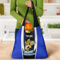 Custom Walleye Fishing Grocery Bag with Jumping Fish Splash and Blue Black Hexagon Pattern - Wonder Print Shop