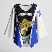 Custom Walleye Fishing Kimono Sleeve Blouse with Jumping Fish Splash and Blue Black Hexagon Pattern - Wonder Print Shop