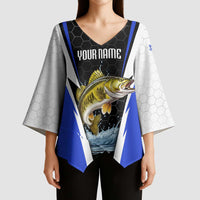 Custom Walleye Fishing Kimono Sleeve Blouse with Jumping Fish Splash and Blue Black Hexagon Pattern - Wonder Print Shop
