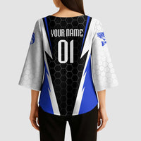Custom Walleye Fishing Kimono Sleeve Blouse with Jumping Fish Splash and Blue Black Hexagon Pattern - Wonder Print Shop