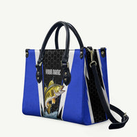 Custom Walleye Fishing Leather Bag with Jumping Fish Splash and Blue Black Hexagon Pattern - Wonder Print Shop