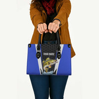 Custom Walleye Fishing Leather Bag with Jumping Fish Splash and Blue Black Hexagon Pattern - Wonder Print Shop