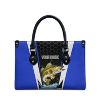 Custom Walleye Fishing Leather Bag with Jumping Fish Splash and Blue Black Hexagon Pattern - Wonder Print Shop