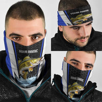 Custom Walleye Fishing Neck Gaiter with Jumping Fish Splash and Blue Black Hexagon Pattern - Wonder Print Shop