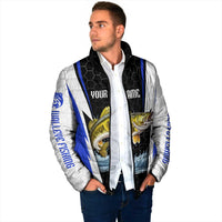 Custom Walleye Fishing Padded Jacket with Jumping Fish Splash and Blue Black Hexagon Pattern - Wonder Print Shop