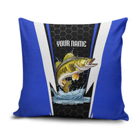 Custom Walleye Fishing Pillow Cover with Jumping Fish Splash and Blue Black Hexagon Pattern - Wonder Print Shop