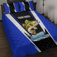 Custom Walleye Fishing Quilt Bed Set with Jumping Fish Splash and Blue Black Hexagon Pattern - Wonder Print Shop