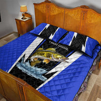 Custom Walleye Fishing Quilt Bed Set with Jumping Fish Splash and Blue Black Hexagon Pattern - Wonder Print Shop