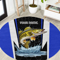 Custom Walleye Fishing Round Carpet with Jumping Fish Splash and Blue Black Hexagon Pattern - Wonder Print Shop