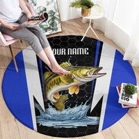 Custom Walleye Fishing Round Carpet with Jumping Fish Splash and Blue Black Hexagon Pattern - Wonder Print Shop