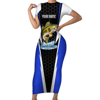 Custom Walleye Fishing Short Sleeve Bodycon Dress with Jumping Fish Splash and Blue Black Hexagon Pattern - Wonder Print Shop