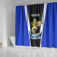 Custom Walleye Fishing Shower Curtain with Jumping Fish Splash and Blue Black Hexagon Pattern - Wonder Print Shop