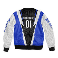 Custom Walleye Fishing Sleeve Zip Bomber Jacket with Jumping Fish Splash and Blue Black Hexagon Pattern - Wonder Print Shop