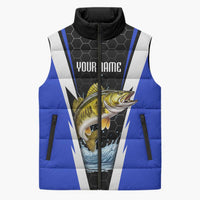 Custom Walleye Fishing Sleeveless Puffer Jacket with Jumping Fish Splash and Blue Black Hexagon Pattern - Wonder Print Shop