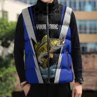 Custom Walleye Fishing Sleeveless Puffer Jacket with Jumping Fish Splash and Blue Black Hexagon Pattern - Wonder Print Shop