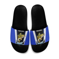 Custom Walleye Fishing Slide Sandals with Jumping Fish Splash and Blue Black Hexagon Pattern - Wonder Print Shop