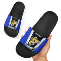 Custom Walleye Fishing Slide Sandals with Jumping Fish Splash and Blue Black Hexagon Pattern - Wonder Print Shop