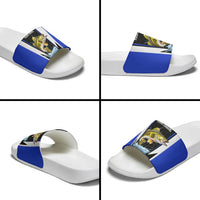 Custom Walleye Fishing Slide Sandals with Jumping Fish Splash and Blue Black Hexagon Pattern - Wonder Print Shop