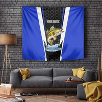 Custom Walleye Fishing Tapestry with Jumping Fish Splash and Blue Black Hexagon Pattern - Wonder Print Shop