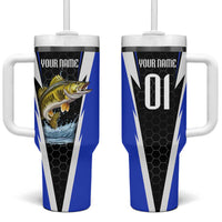 Custom Walleye Fishing Tumbler With Handle with Jumping Fish Splash and Blue Black Hexagon Pattern - Wonder Print Shop