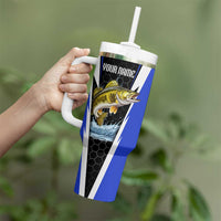 Custom Walleye Fishing Tumbler With Handle with Jumping Fish Splash and Blue Black Hexagon Pattern - Wonder Print Shop