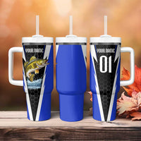Custom Walleye Fishing Tumbler With Handle with Jumping Fish Splash and Blue Black Hexagon Pattern - Wonder Print Shop