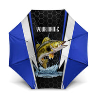 Custom Walleye Fishing Umbrella with Jumping Fish Splash and Blue Black Hexagon Pattern - Wonder Print Shop