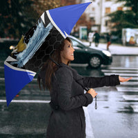 Custom Walleye Fishing Umbrella with Jumping Fish Splash and Blue Black Hexagon Pattern - Wonder Print Shop