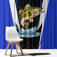 Custom Walleye Fishing Window Curtain with Jumping Fish Splash and Blue Black Hexagon Pattern - Wonder Print Shop