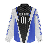 Custom Walleye Fishing Women Casual Shirt with Jumping Fish Splash and Blue Black Hexagon Pattern - Wonder Print Shop