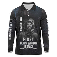 Mae Jemison Long Sleeve Polo Shirt with NASA Spacesuit Portrait, First Black Woman - Wonder Print Shop