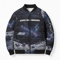 Mae Jemison Bomber Puffer Jacket with Space Portrait Design, Science Has No Boundaries Quote and DNA Book Elements - Wonder Print Shop