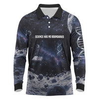 Mae Jemison Long Sleeve Polo Shirt with Space Portrait Design, Science Has No Boundaries Quote and DNA Book Elements - Wonder Print Shop