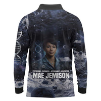 Mae Jemison Long Sleeve Polo Shirt with Space Portrait Design, Science Has No Boundaries Quote and DNA Book Elements - Wonder Print Shop