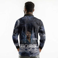 Mae Jemison Long Sleeve Polo Shirt with Space Portrait Design, Science Has No Boundaries Quote and DNA Book Elements - Wonder Print Shop
