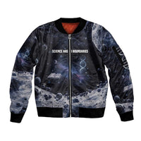 Mae Jemison Sleeve Zip Bomber Jacket with Space Portrait Design, Science Has No Boundaries Quote and DNA Book Elements - Wonder Print Shop