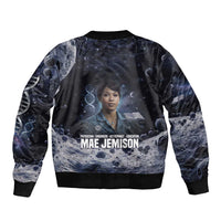 Mae Jemison Sleeve Zip Bomber Jacket with Space Portrait Design, Science Has No Boundaries Quote and DNA Book Elements - Wonder Print Shop