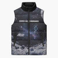 Mae Jemison Sleeveless Puffer Jacket with Space Portrait Design, Science Has No Boundaries Quote and DNA Book Elements - Wonder Print Shop