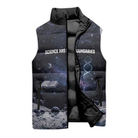Mae Jemison Sleeveless Puffer Jacket with Space Portrait Design, Science Has No Boundaries Quote and DNA Book Elements - Wonder Print Shop