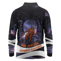 Mae Jemison Long Sleeve Polo Shirt Cartoon Astronaut Portrait, The Sky Is Not the Limit Quote and Galaxy Dreamer - Wonder Print Shop